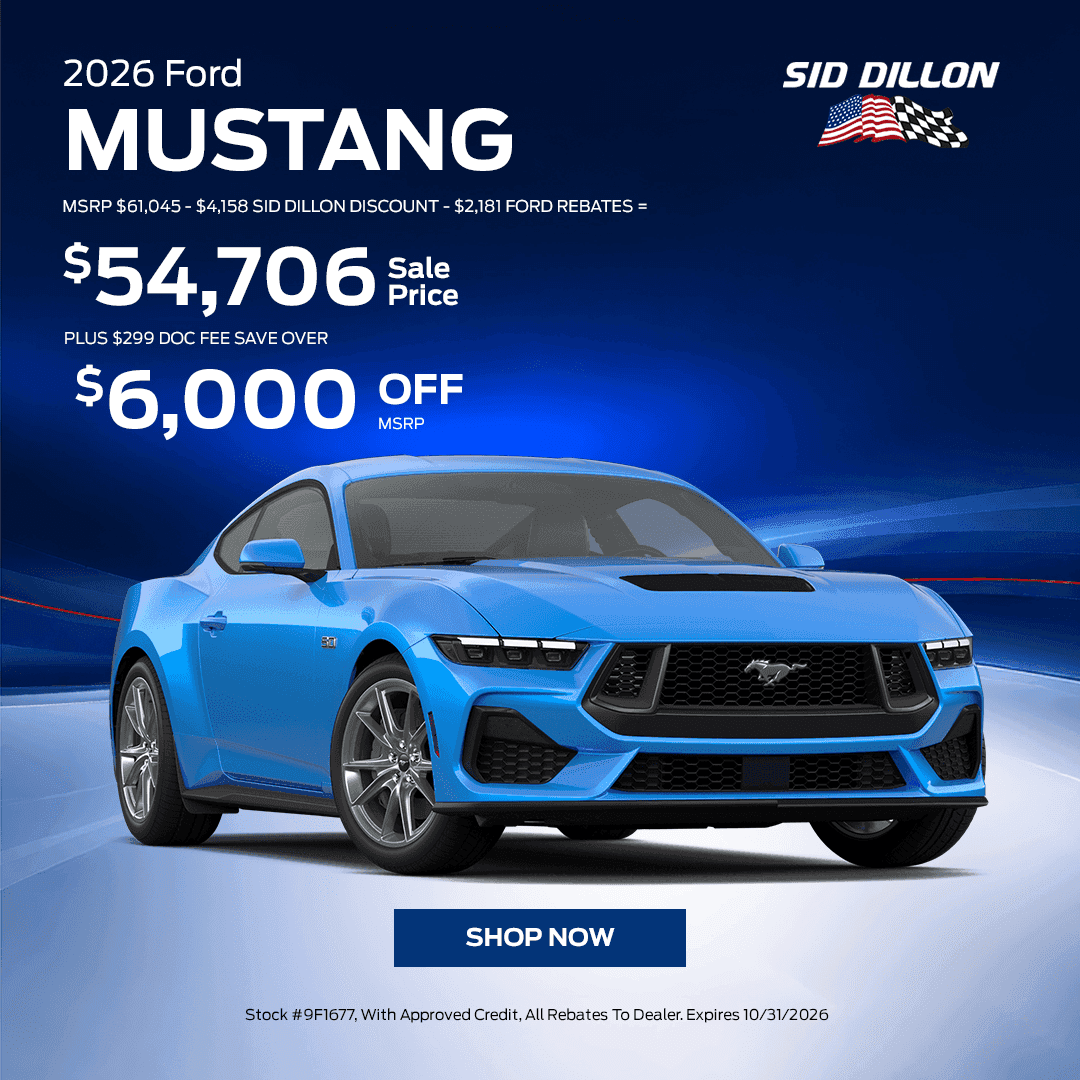 Blue 2026 Ford Mustang GT Premium Fastback October offer in Wahoo, NE, with a $54,706 sale price and over $6,000 off MSRP