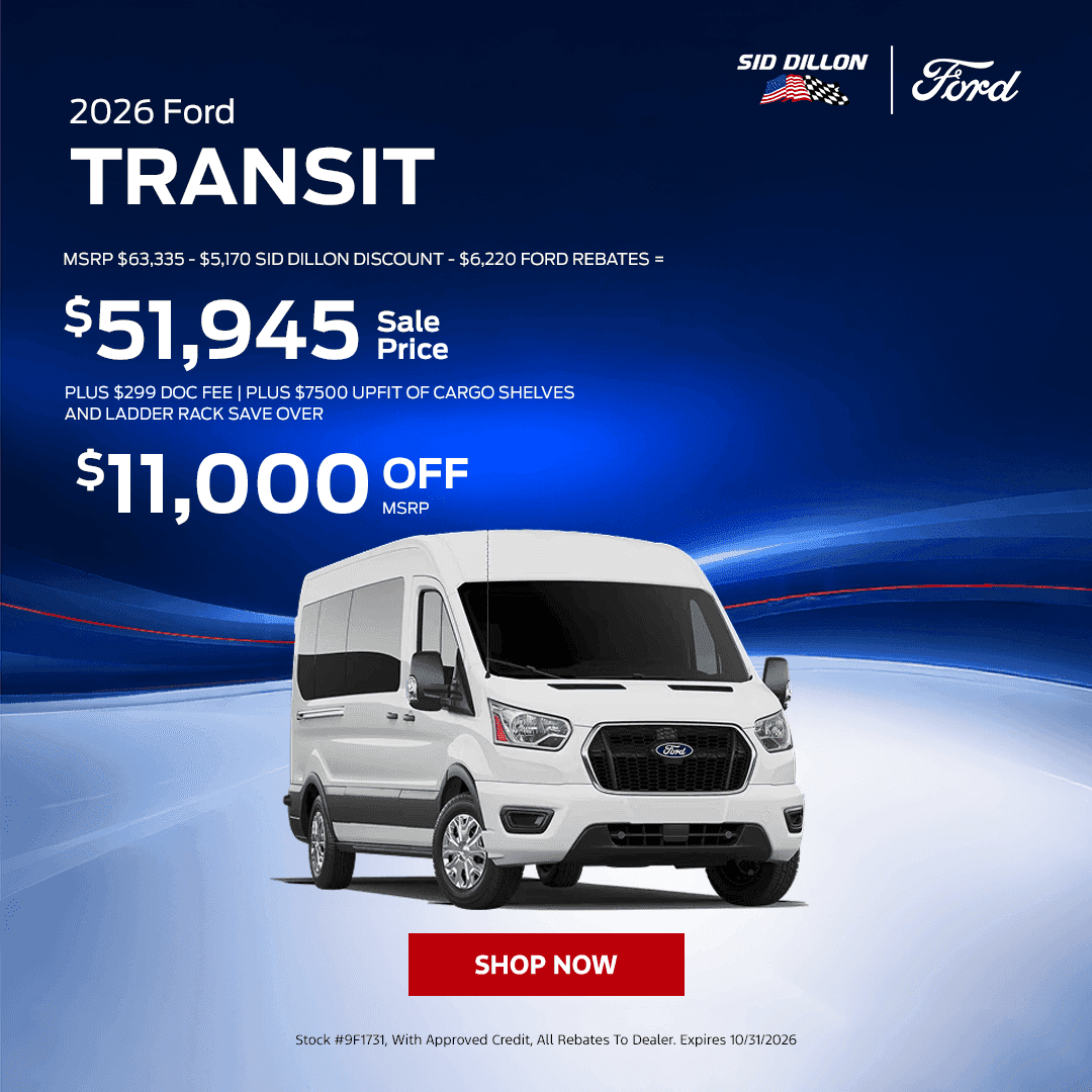 White 2026 Ford Transit T-250 AWD Cargo Van October commercial vehicle offer in Wahoo with a $51,945 sale price and over $11,000 off MSRP
