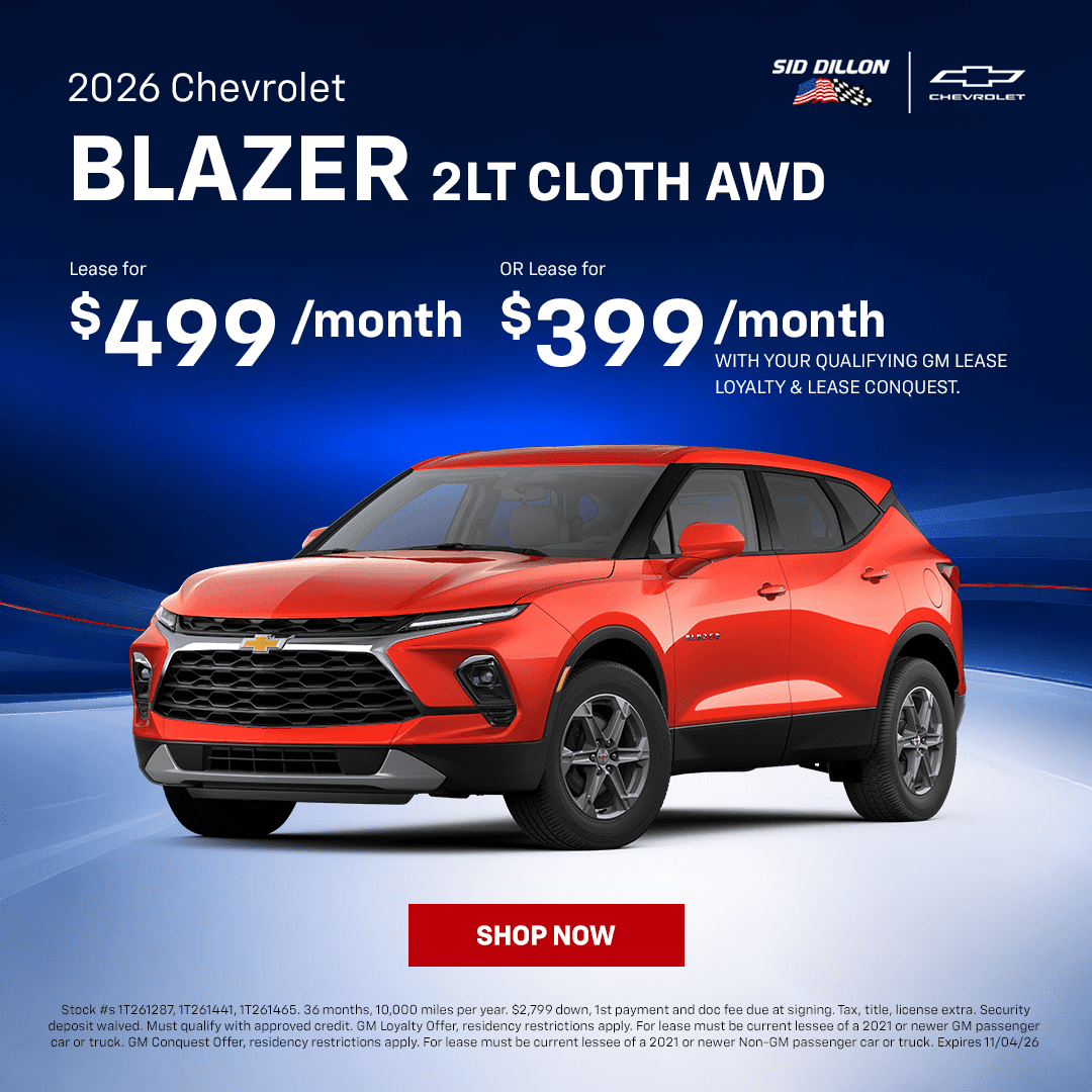 October Chevrolet Blazer 2LT Cloth AWD lease special available through Sid Dillon Chevrolet Crete