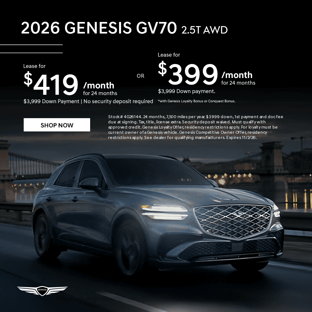 2026 Genesis GV70 2.5T AWD October lease special in Lincoln, Nebraska starting at $399 per month for qualifying owners