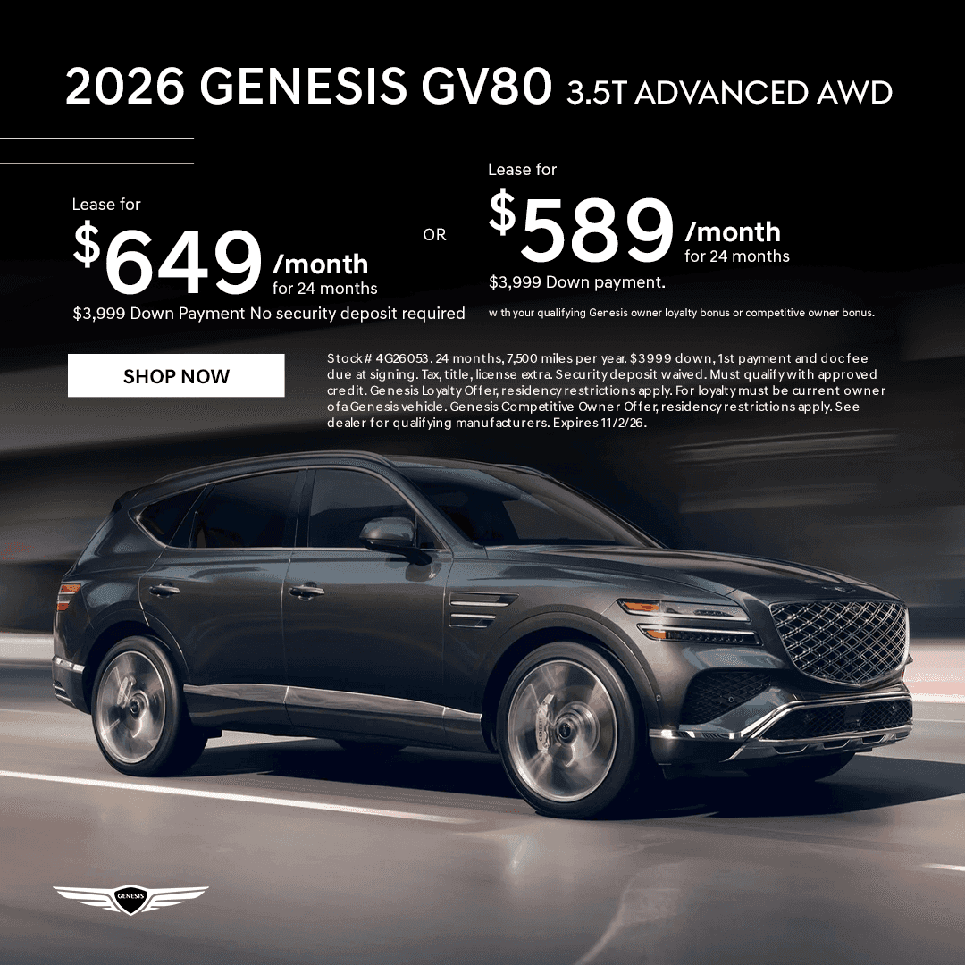 2026 Genesis GV80 3.5T Advanced AWD October lease special in Lincoln, Nebraska starting at $589 per month for qualifying owners
