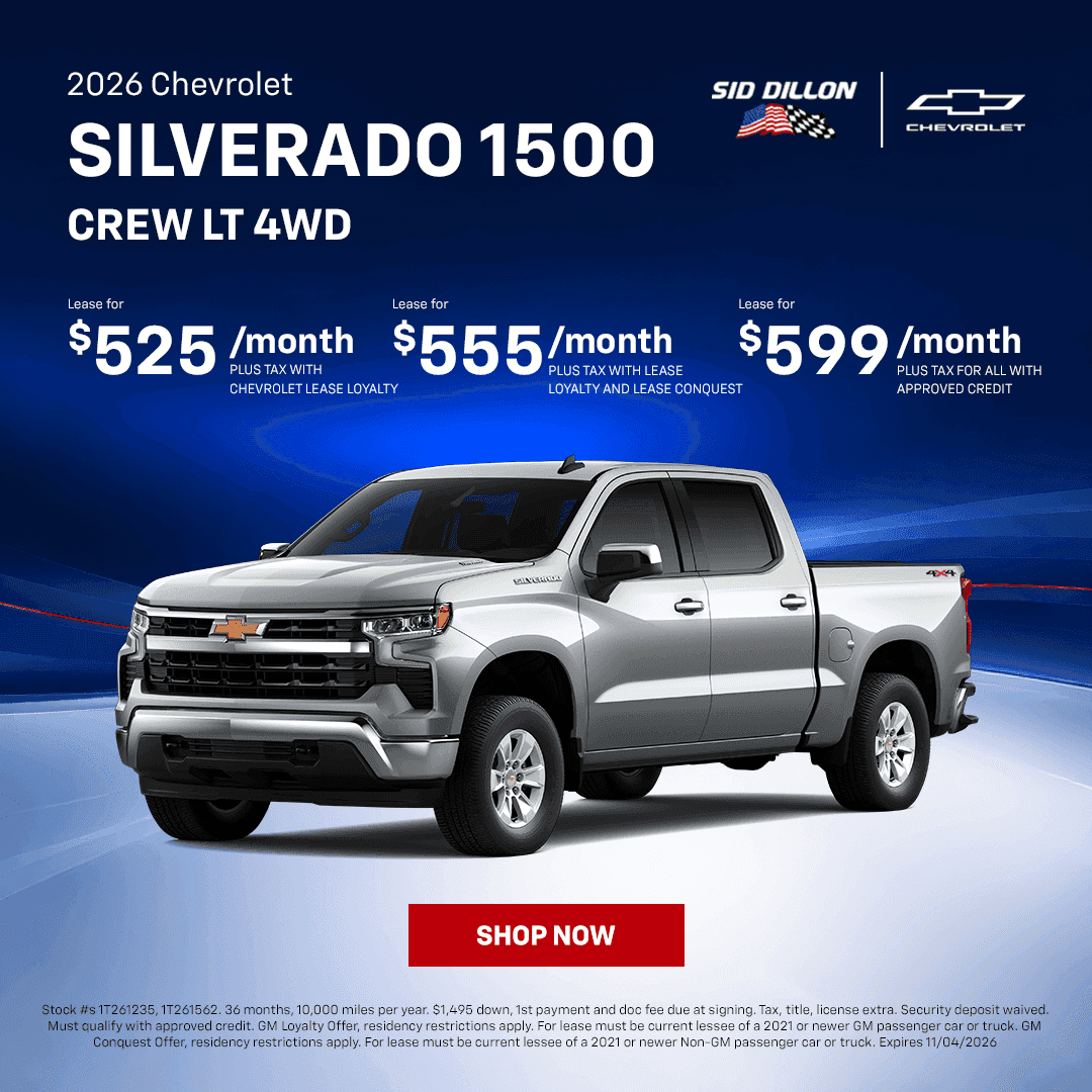 2026 Chevrolet Silverado 1500 Crew Cab LT 4WD October lease offers at Sid Dillon Chevrolet Crete