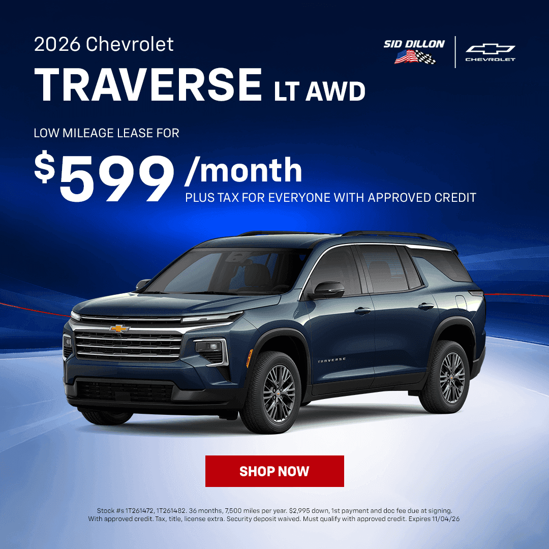2026 Chevrolet Traverse LT AWD low-mileage October lease offer from Sid Dillon Chevrolet Crete