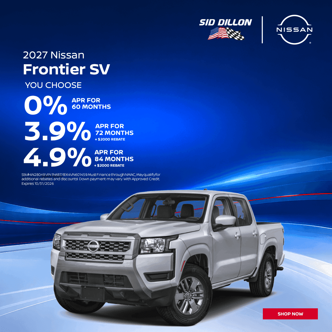 October 2027 Nissan Frontier SV financing special at Sid Dillon Nissan of Lincoln with 0% APR for 60 months or rebate financing options