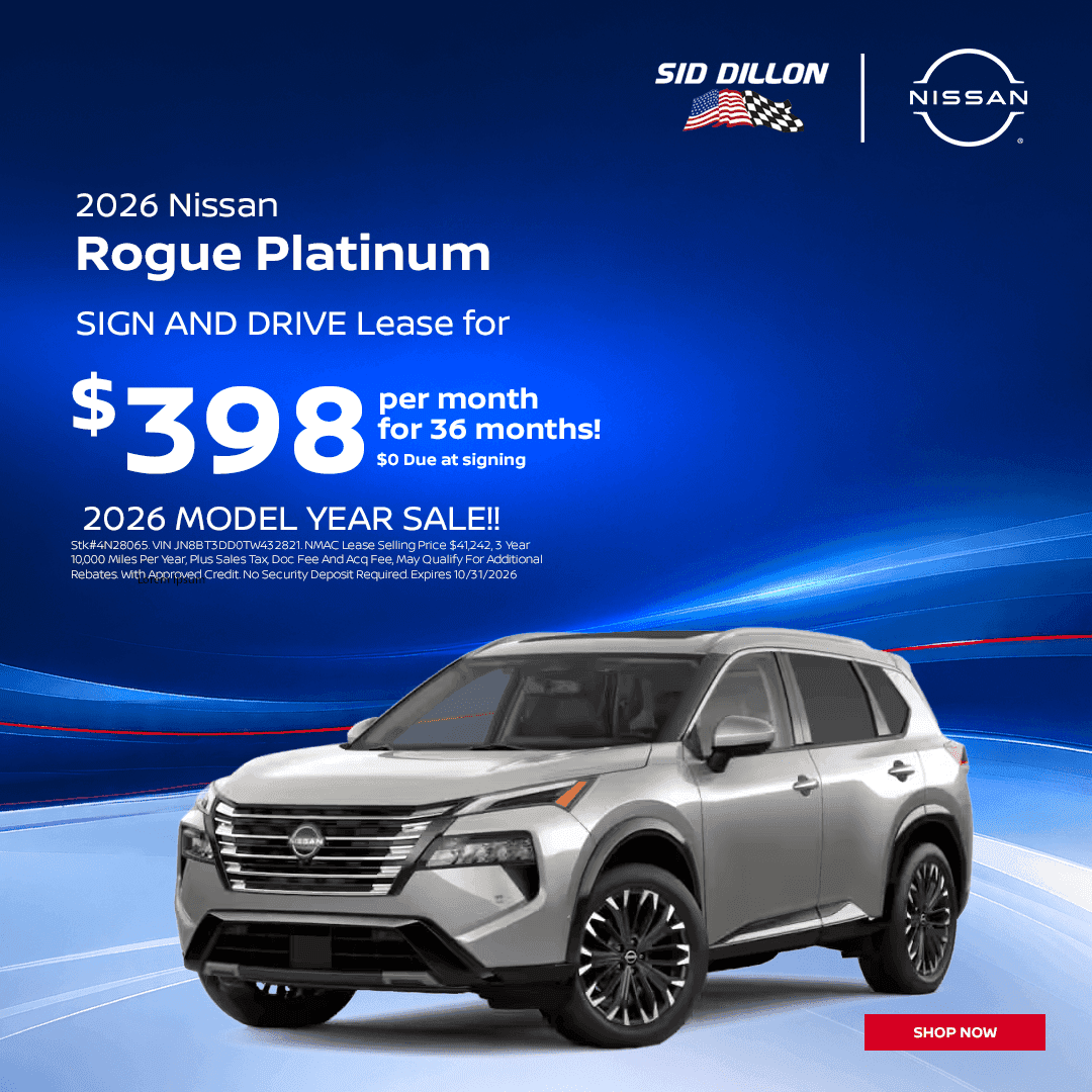 October 2026 Nissan Rogue Platinum sign-and-drive lease special for $398 per month for 36 months with $0 due at signing in Lincoln
