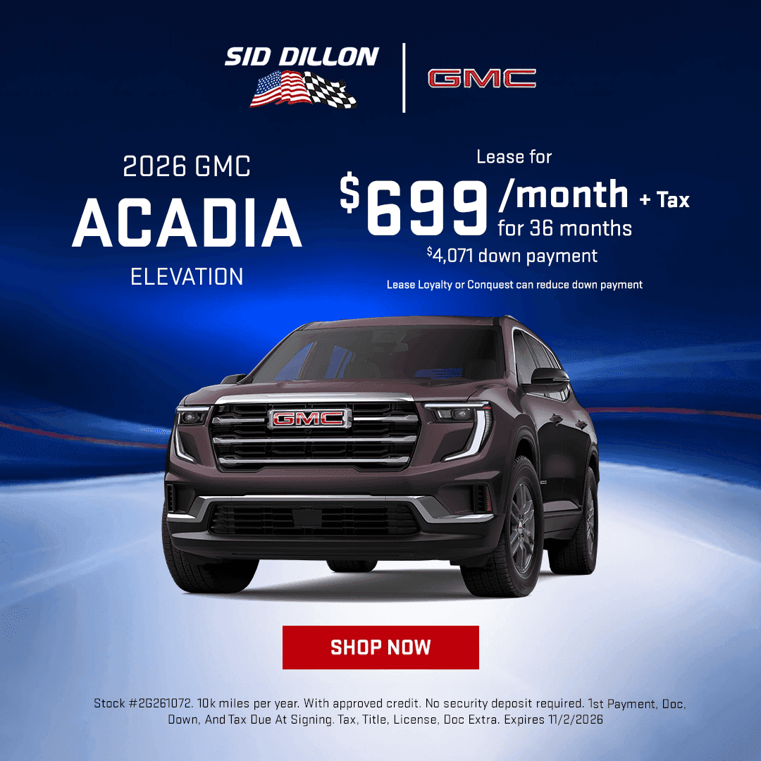 October 2026 GMC Acadia Elevation AWD three-row SUV lease offer in Fremont, $699 monthly for 36 months with $4,071 down