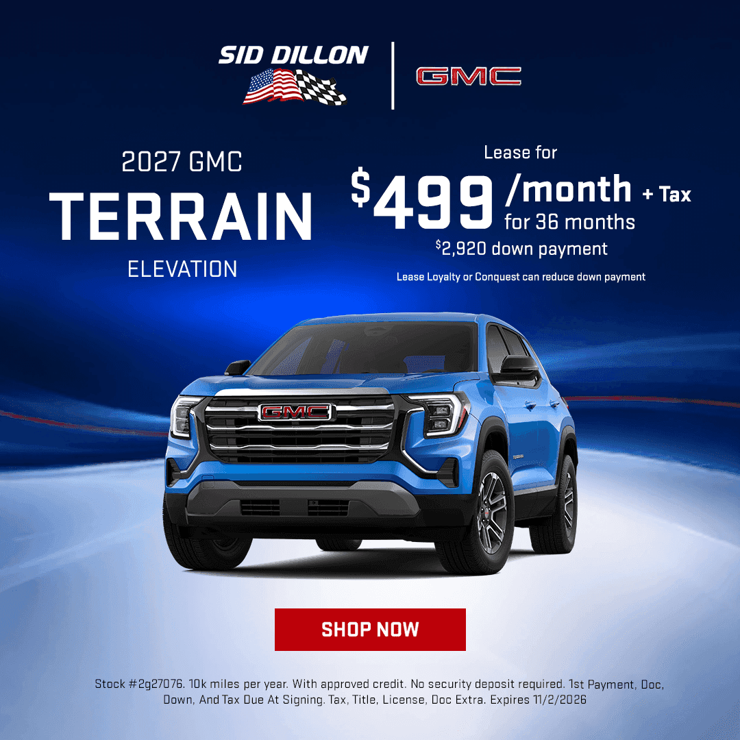 October 2026 GMC Terrain Elevation lease special at Sid Dillon GMC Fremont, $499 per month for 36 months with $2,920 down