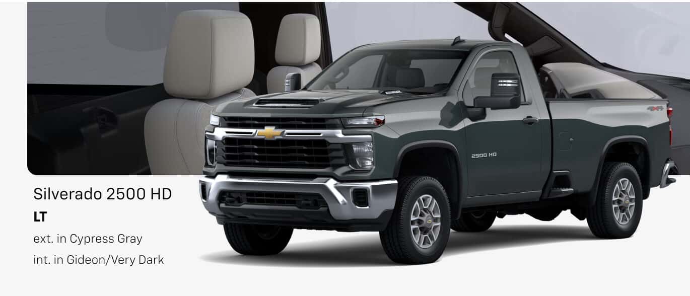 Front three-quarter view of a 2026 Chevrolet Silverado 2500 HD LT in Cypress Gray with Gideon/Very Dark Atmosphere interior.