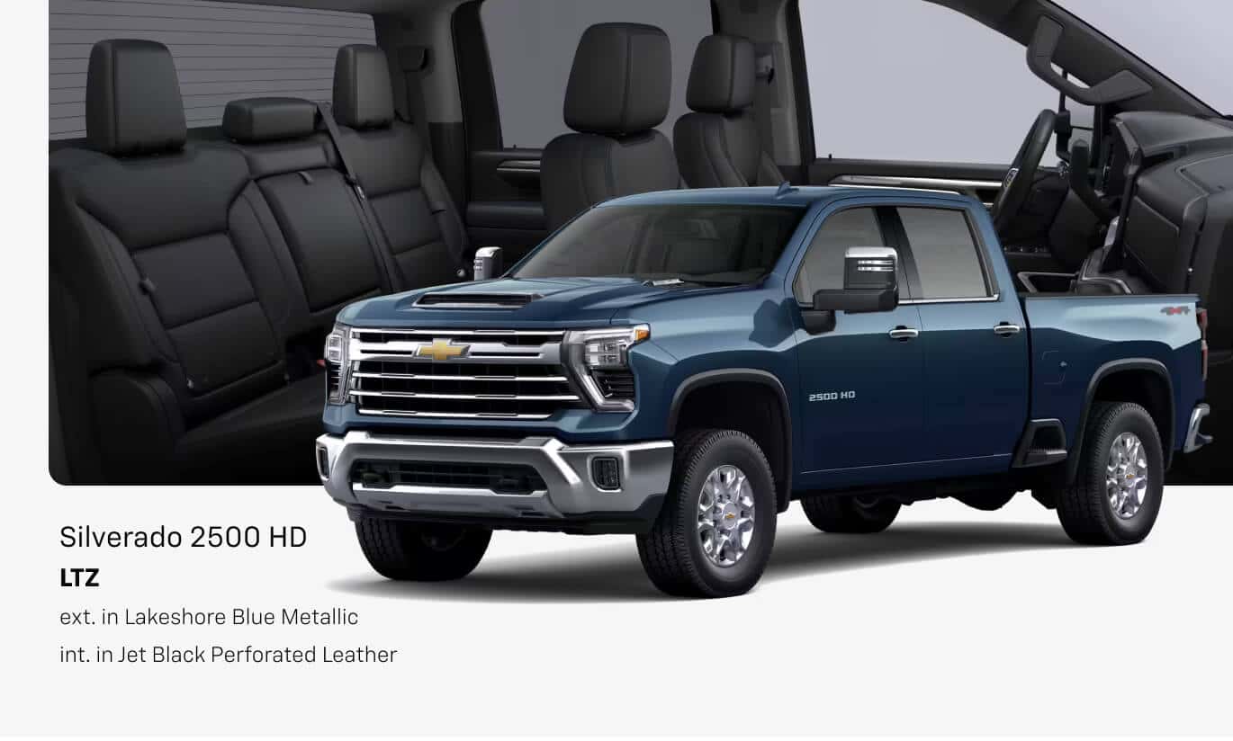 Front three-quarter view of a 2026 Chevrolet Silverado 2500 HD LTZ in Lakeshore Blue Metallic with Jet Black Perforated Leather interior.