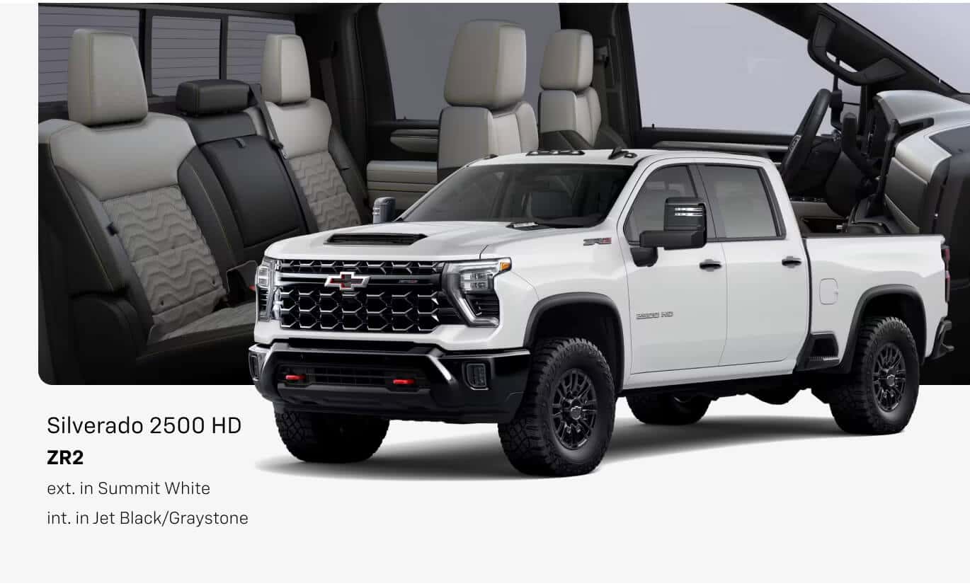 Front three-quarter view of a 2026 Chevrolet Silverado 2500 HD ZR2 in Summit White with Jet Black/Graystone interior.