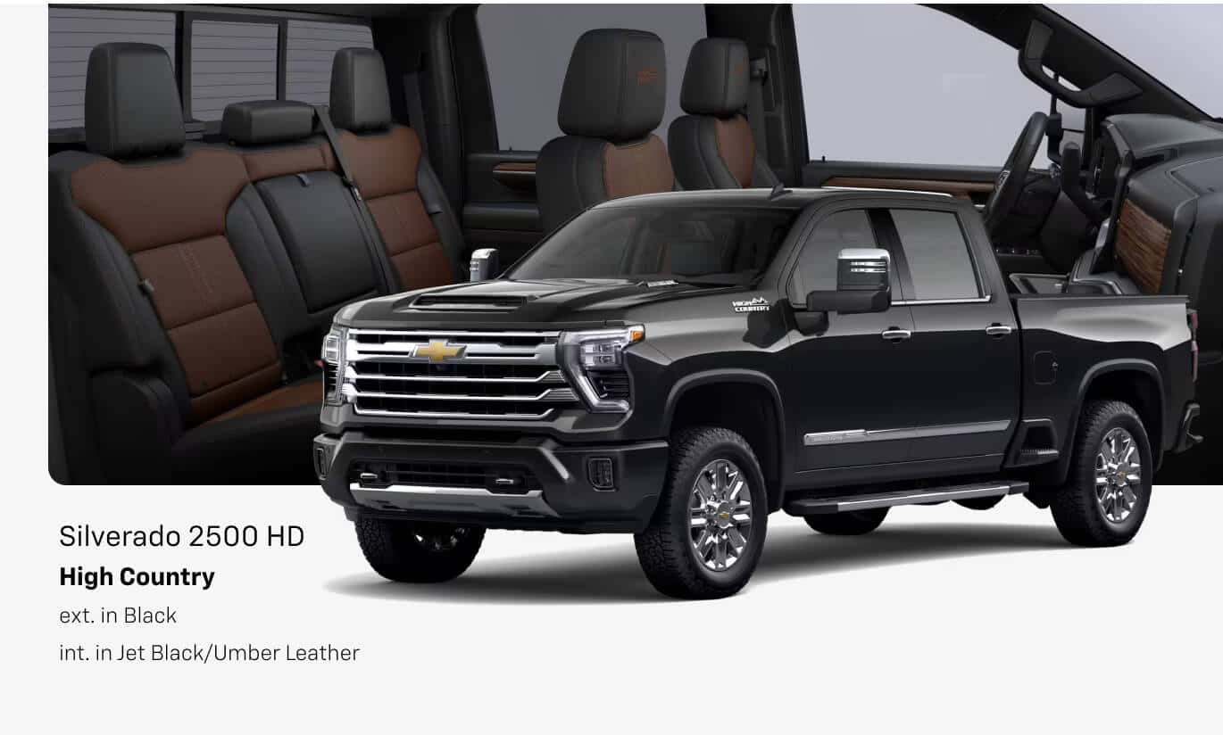 Front three-quarter view of a 2026 Chevrolet Silverado 2500 HD High Country in Black with Jet Black/Umber leather interior.