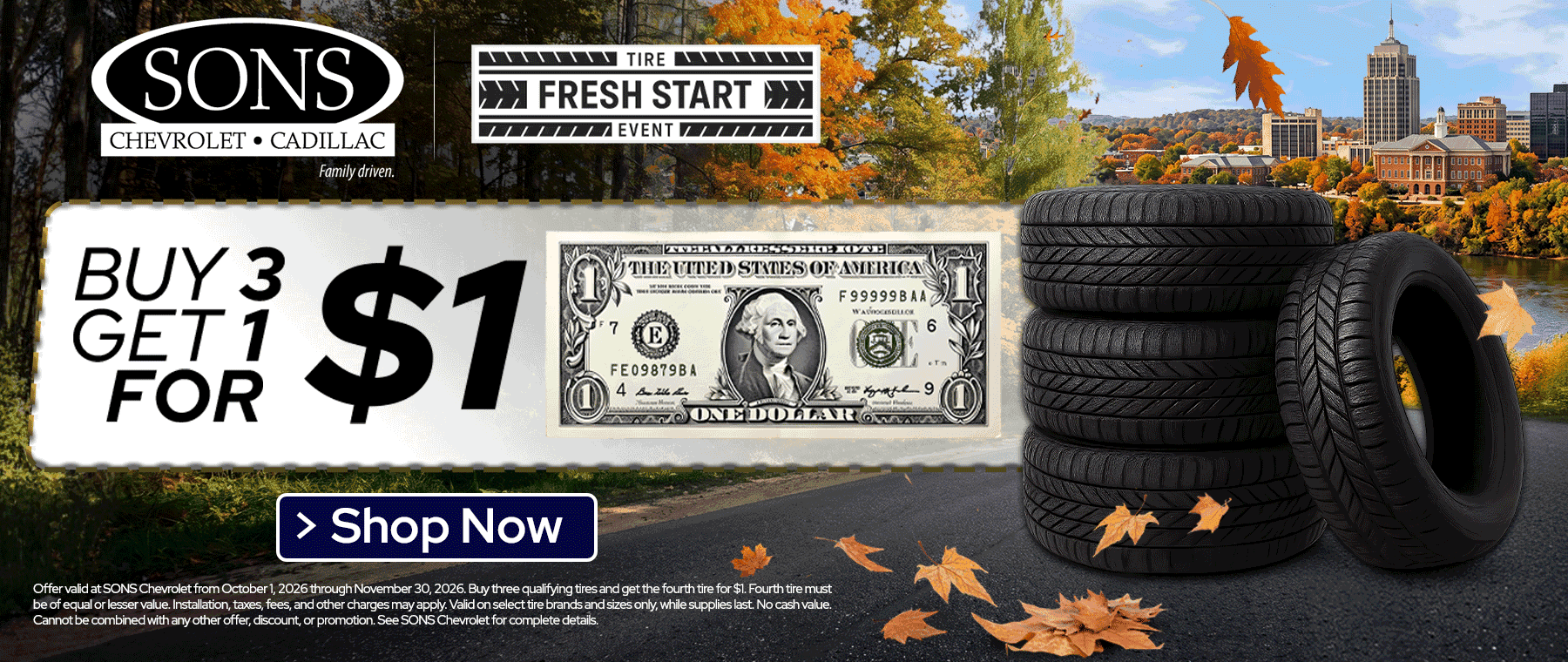 Buy 3 Tires Get 1 for $1